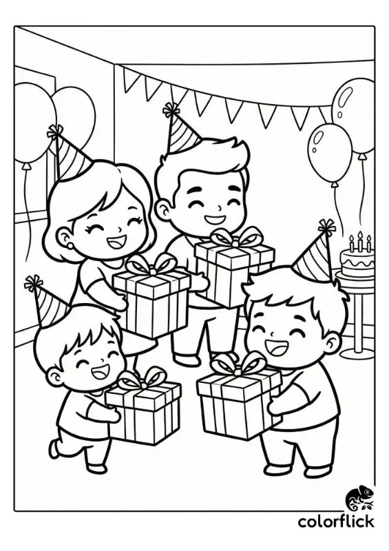 A black and white coloring page illustration showing a happy family of four wearing party hats, each holding a gift box and smiling, with a decorated party scene and birthday cake in the background.