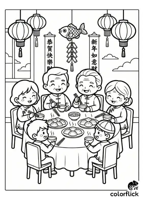 A cheerful multi-generational family sitting around a round table eating dumplings with chopsticks under hanging lanterns and festive decorations.