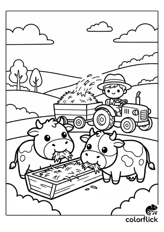 A coloring page illustration showing a cheerful farmer driving a tractor and wagon to feed hay to two hungry cows at a trough in a field.