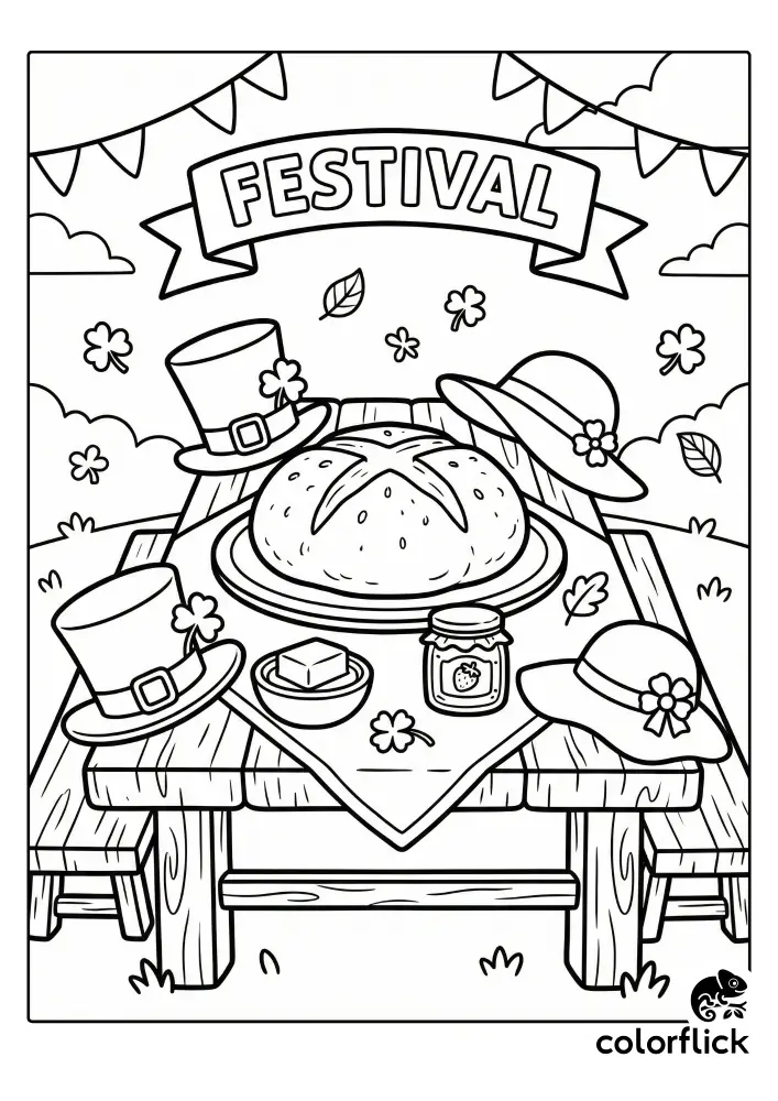 A printable coloring page of a festival picnic table loaded with a loaf of soda bread, butter, jam, and several hats under a "FESTIVAL" banner and bunting.