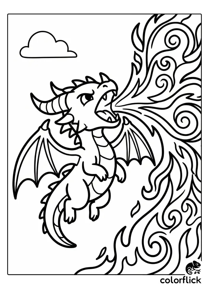 A black and white coloring page illustration of a fierce, horned chibi dragon flying and breathing a massive, swirling cone of fire.