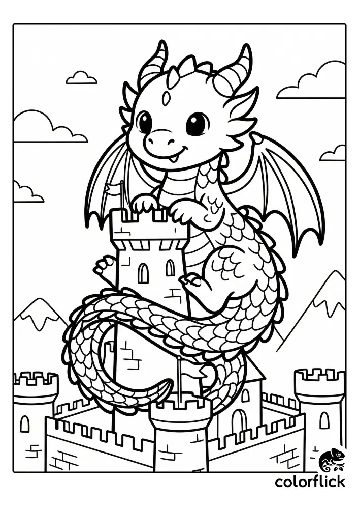 A friendly chibi dragon with folded wings is perched atop a medieval castle, curling its long scaled tail protectively around the tallest tower.