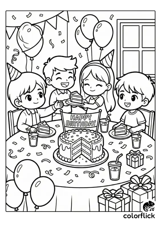 Happy chibi children sitting around a festive party table sharing slices of cake, surrounded by balloons, confetti, and wrapped gifts.
