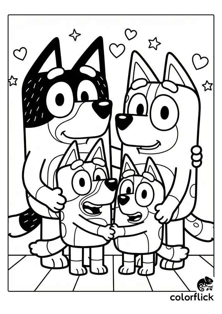A black and white coloring page featuring a happy portrait of the complete Heeler family—Bandit, Chilli, Bluey, and Bingo—standing together with big smiles, surrounded by floating hearts and stars.