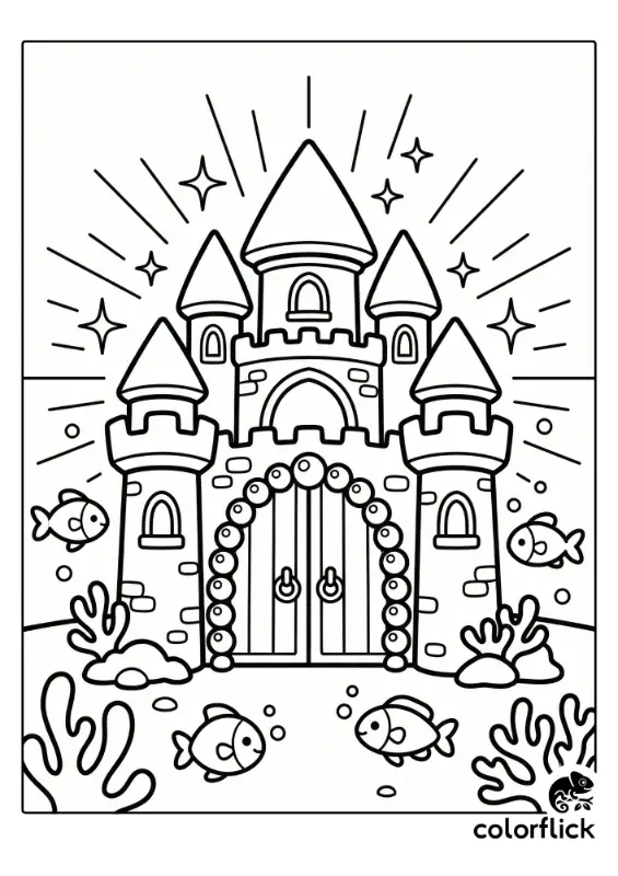 A cute chibi coloring page illustration featuring a magical underwater castle with pearl gates emitting light rays, surrounded by fish and coral on the seabed.