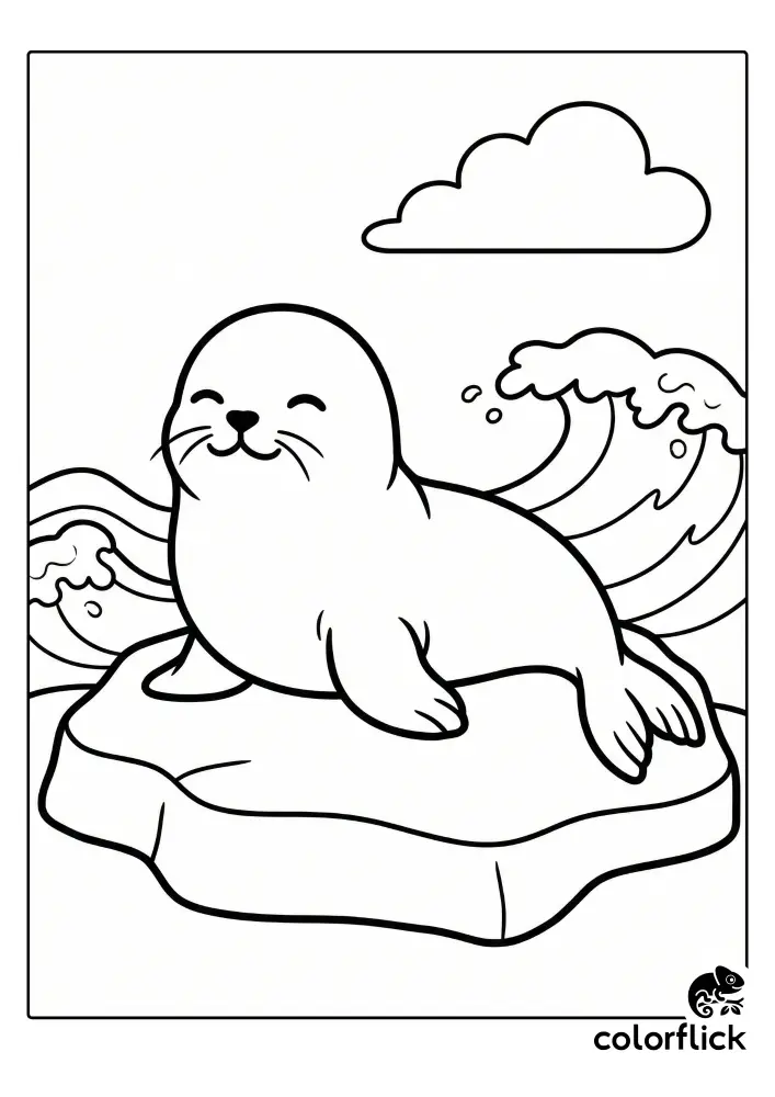 A cute, smiling chibi sea lion rests peacefully on a large flat rock with waves splashing behind it in this coloring page illustration.