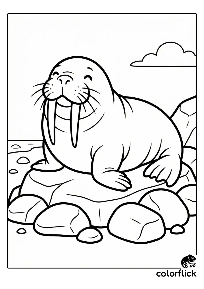 A smiling cartoon walrus with long tusks is lounging on a pile of large rocks by the shore in a coloring page illustration.