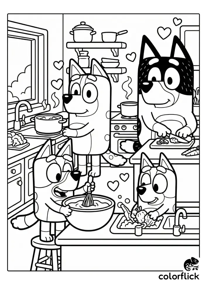 A black and white coloring page showing the Heeler family—Bluey, Bingo, Chilli, and Bandit—happily cooking together in a busy kitchen, with Bluey stirring a bowl, Bingo washing veggies, and parents chopping and cooking at the stove.