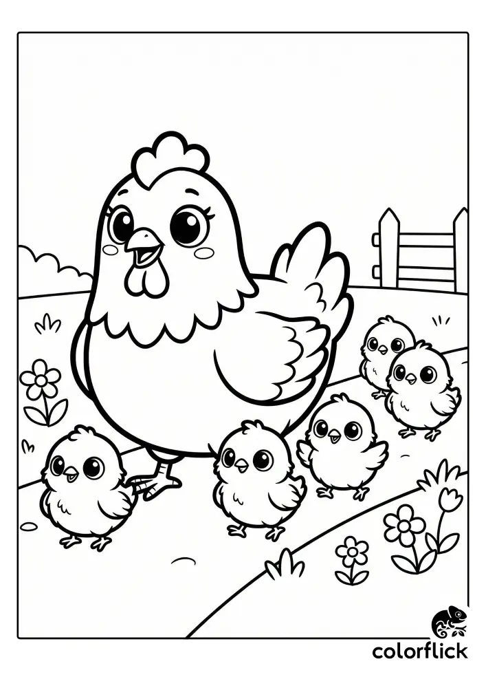 A chibi-style coloring page showing a smiling mother hen with big eyes leading a line of five small, fluffy baby chicks along a path on a farm.