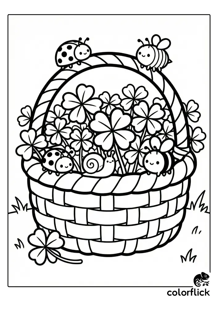 A cute line art coloring page featuring a woven basket overflowing with clovers, with small kawaii ladybugs, bees, and a snail resting among the leaves.