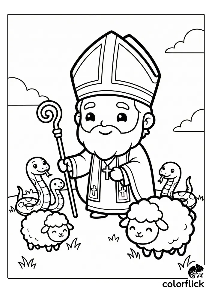 A cute line art coloring page showing a friendly Saint Patrick character standing in a field with two fluffy sheep and three smiling snakes.