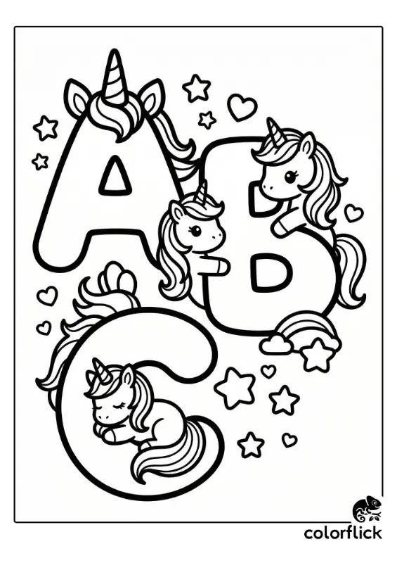 Chibi unicorns decorate big bubble letters A, B, and C with stars and hearts in this printable coloring page illustration.