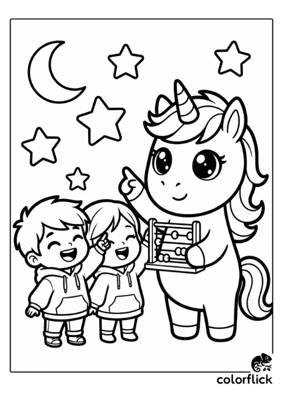 A cute chibi unicorn holds an abacus and points to stars while two laughing children count along in this printable line art coloring page.