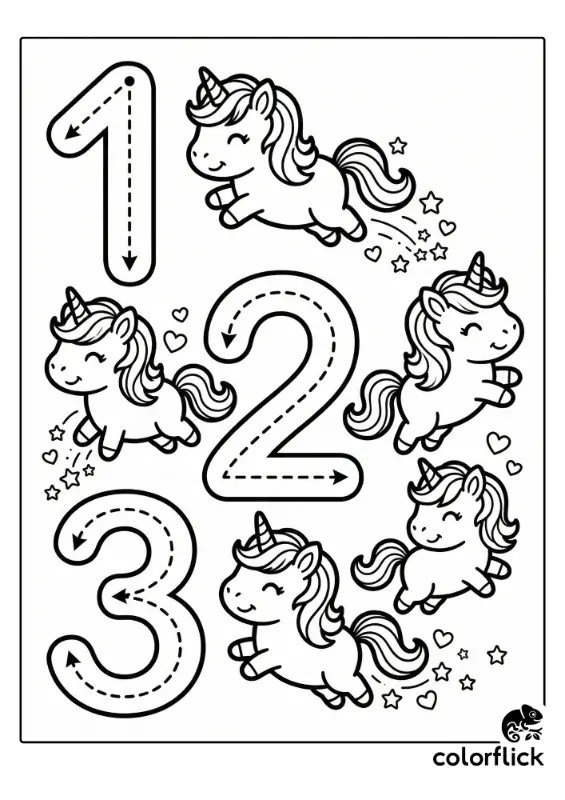 Cute chibi unicorns prance around large tracing numbers 1, 2, and 3 with dotted guide lines and arrows in this printable line art coloring page.