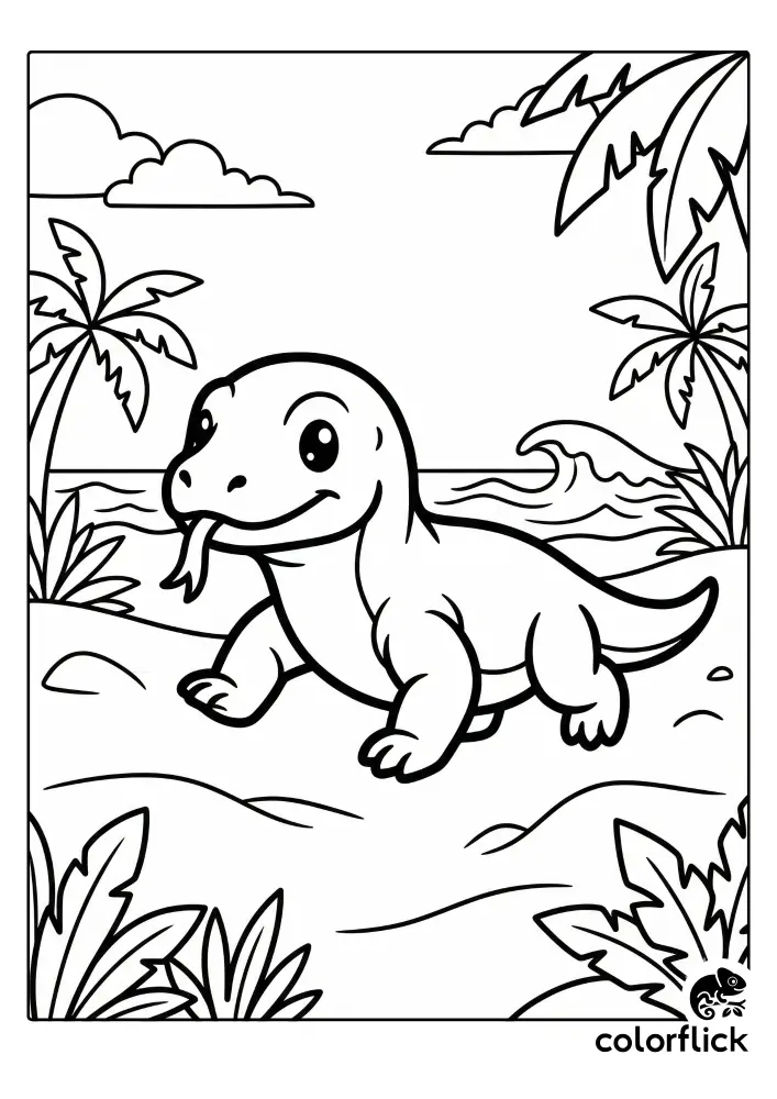 A cute cartoon Komodo dragon walking on a sunny beach with palm trees and ocean waves, designed as a black and white coloring book illustration.