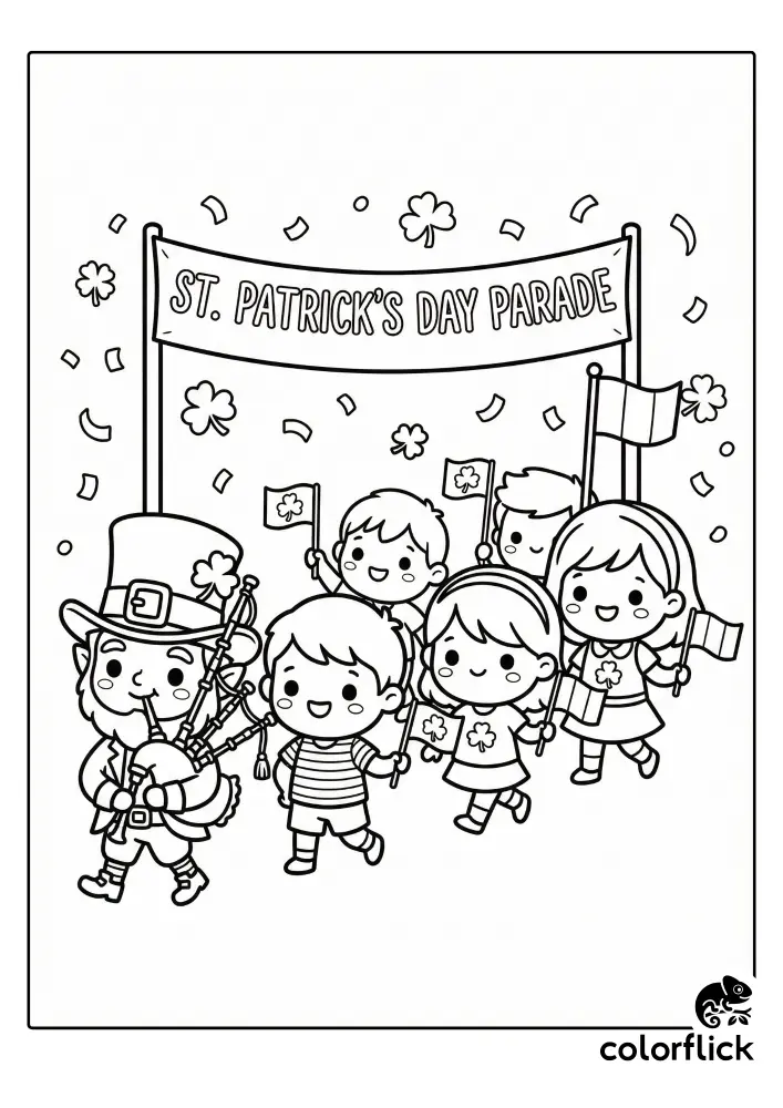 A printable coloring page showing a cheerful St. Patrick's Day parade with a leprechaun playing bagpipes and several children marching with flags under a banner and confetti.