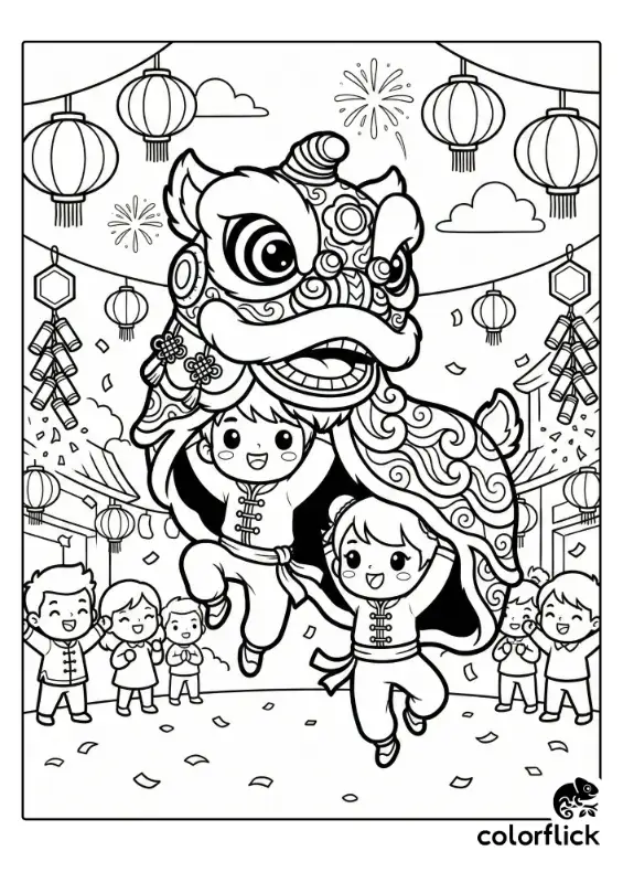 Two happy children performing a traditional lion dance in a detailed costume, surrounded by cheering friends, hanging lanterns, and firecrackers.