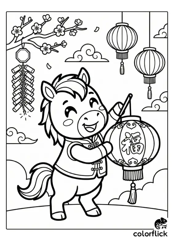 A cute chibi horse wearing a traditional Chinese Tang suit holding a festive lantern with the 'Fu' symbol, standing under cherry blossom branches and fireworks.