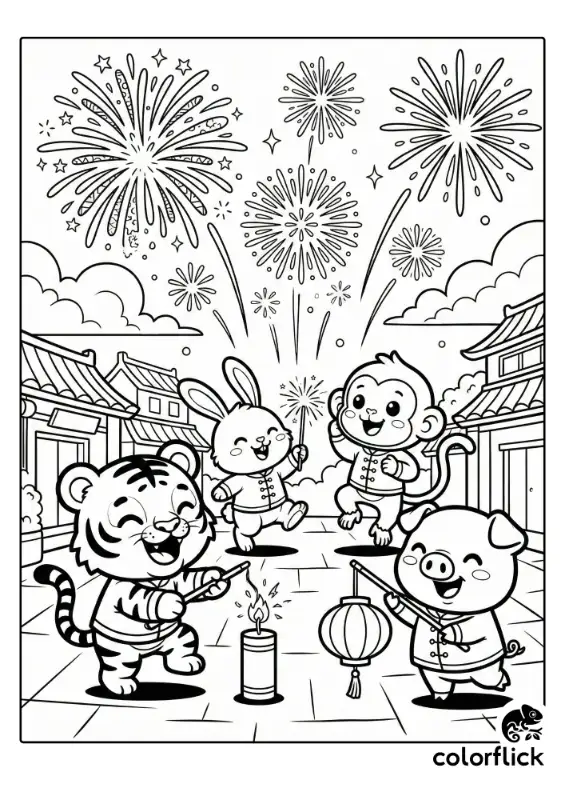 Cute chibi zodiac animals (Tiger, Rabbit, Monkey, and Pig) celebrating Lunar New Year together with sparklers, lanterns, and a large fireworks display over traditional buildings.