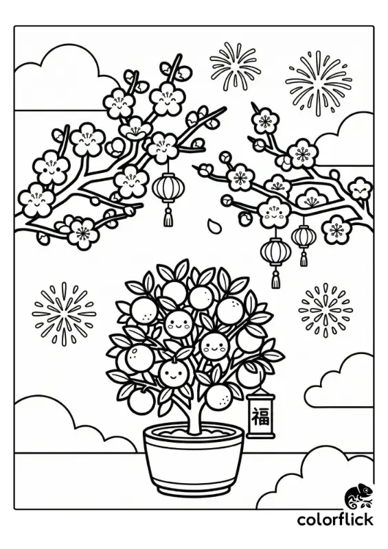 A cute potted kumquat tree with smiling fruit sitting beneath blooming cherry and plum blossom branches adorned with lanterns and fireworks.