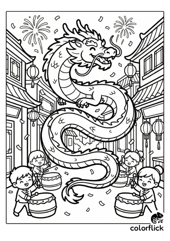 A majestic long dragon weaving through a festive street above happy children playing traditional drums while fireworks burst overhead.