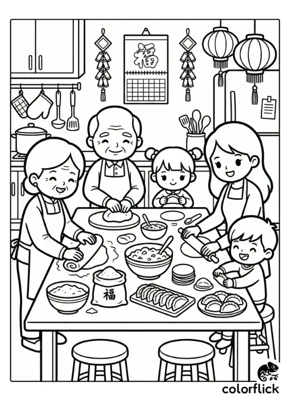 A heartwarming scene of a three-generation family making dumplings together in a kitchen decorated for Lunar New Year, featuring grandparents, parents, and happy children preparing the feast.