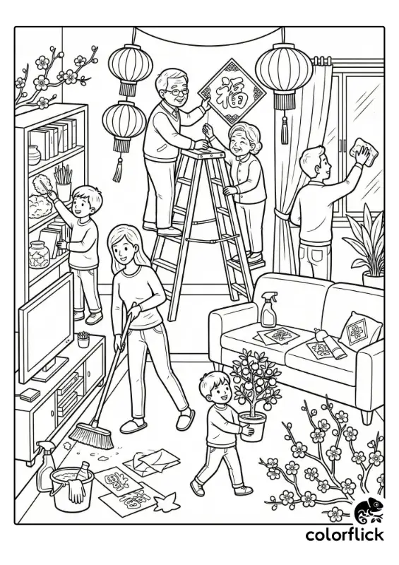 A lively coloring page of a multi-generational family performing spring cleaning and decorating their living room for Lunar New Year. Grandparents hang a lucky 'Fu' sign, parents sweep and clean windows, while children help by dusting and carrying a potted mandarin tree.