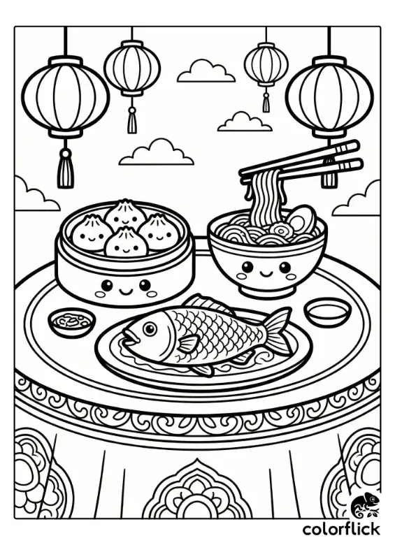 A festive feast table featuring cute smiling dumplings, a bowl of noodles, and a whole fish dish under hanging lanterns for Lunar New Year.