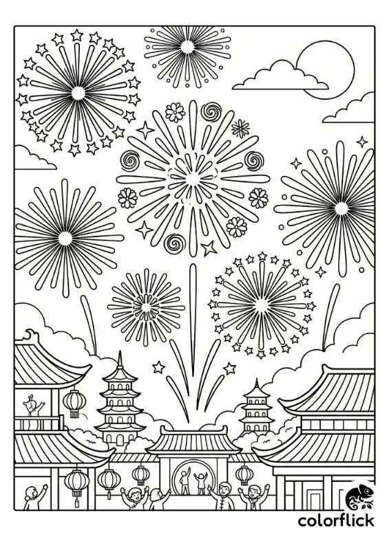 A magnificent coloring page of a Lunar New Year celebration featuring large, intricate fireworks exploding in the night sky above traditional Chinese pagodas and houses, with happy people cheering below.