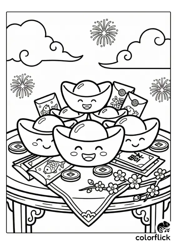 A festive coloring page featuring cute smiling gold ingots, lucky coins, and red envelopes arranged on a table with fireworks in the background.