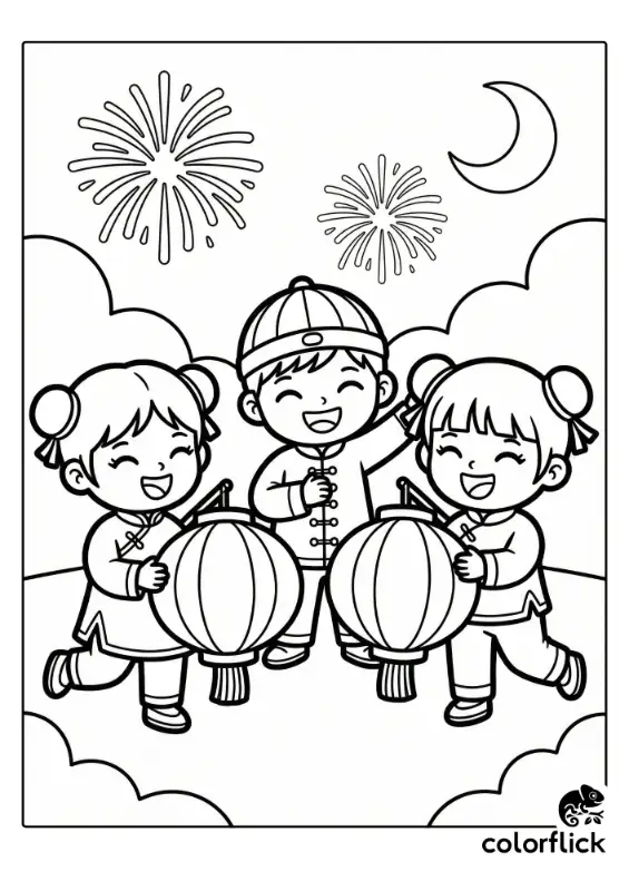 Three happy chibi children wearing traditional festive outfits holding large paper lanterns under fireworks and a crescent moon.