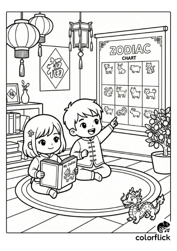 A cute coloring page of a boy and girl sitting on a rug at home during Lunar New Year. The boy points to a wall chart featuring zodiac animal icons, while the girl reads a book, surrounded by festive decorations like lanterns and a dragon toy.