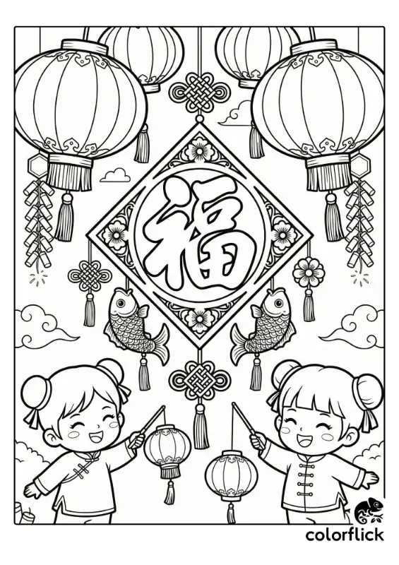 Two cute chibi children celebrating beneath a large hanging paper cutting with the Chinese Fu symbol, surrounded by festive lanterns and fish decorations.