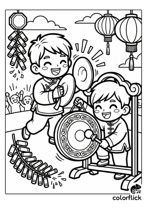 Two happy chibi boys playing traditional cymbals and a large gong during a festive Lunar New Year celebration with firecrackers and lanterns.