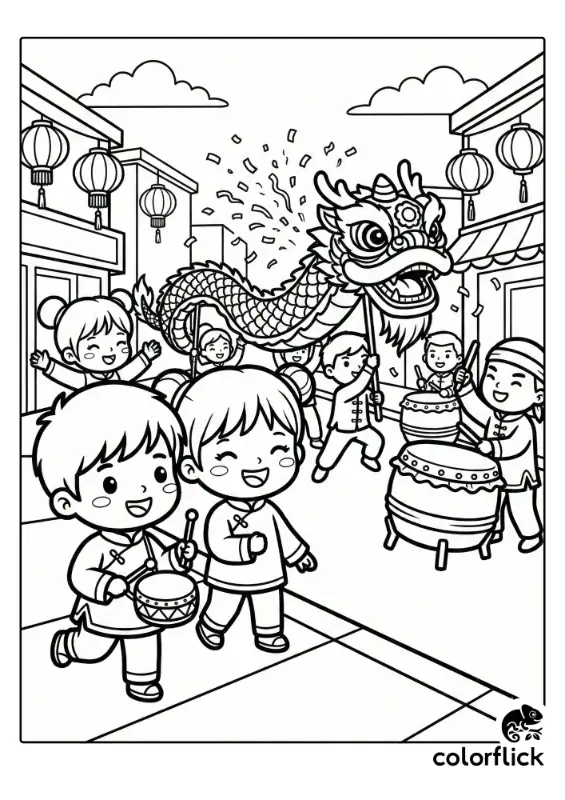 Happy chibi children playing drums and cheering while watching a festive dragon dance parade with confetti falling in a decorated street.