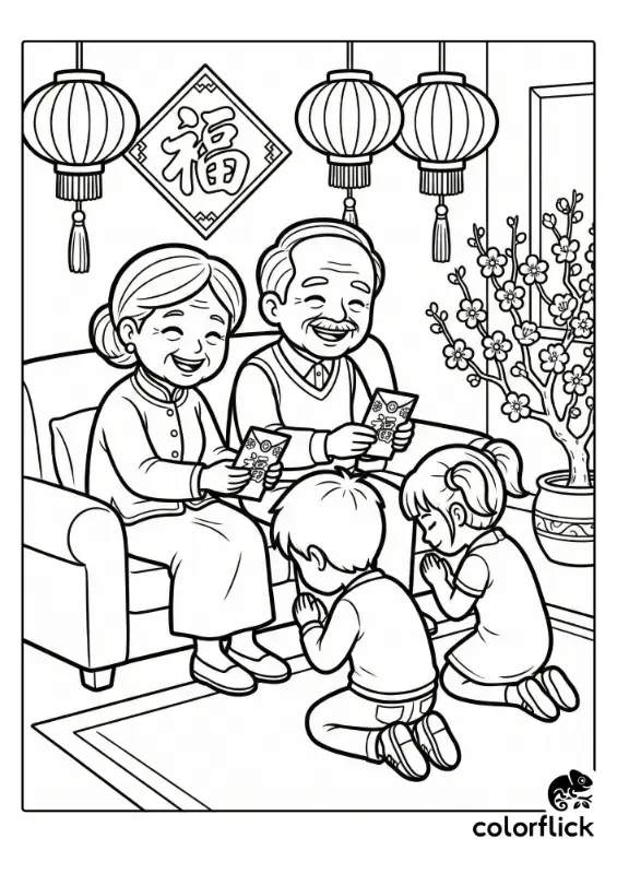 Two happy children kneeling and bowing respectfully to their grandparents to receive lucky red envelopes (hongbao) in a living room decorated with lanterns and plum blossoms.