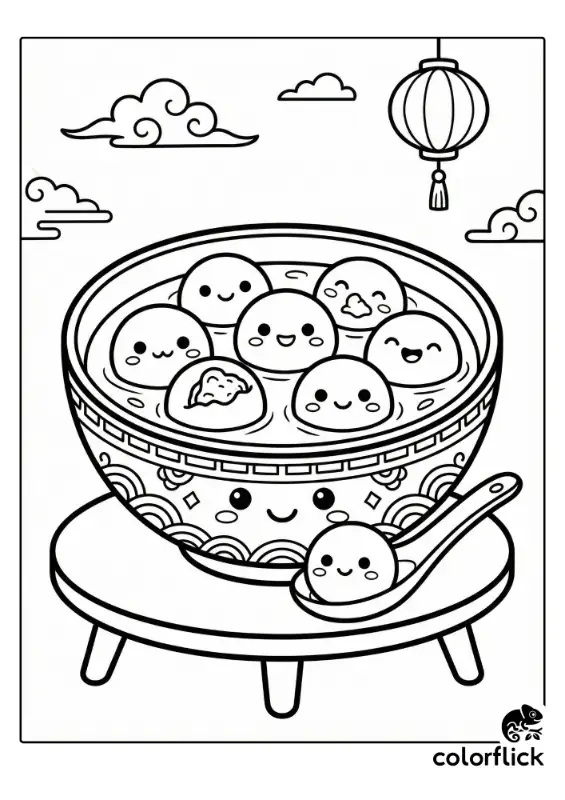 A cute coloring page illustration showing a decorated bowl filled with smiling tangyuan rice balls in soup, sitting on a small stand with a spoon. A lantern hangs in the background amid clouds.
