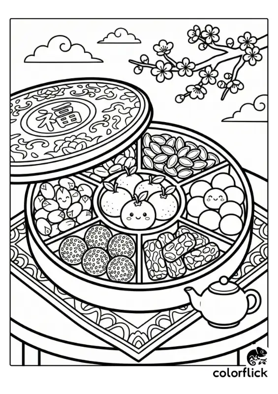 A detailed coloring page of a traditional circular Lunar New Year candy tray (Tray of Togetherness) filled with assorted nuts, seeds, and sweets, sitting next to a teapot.