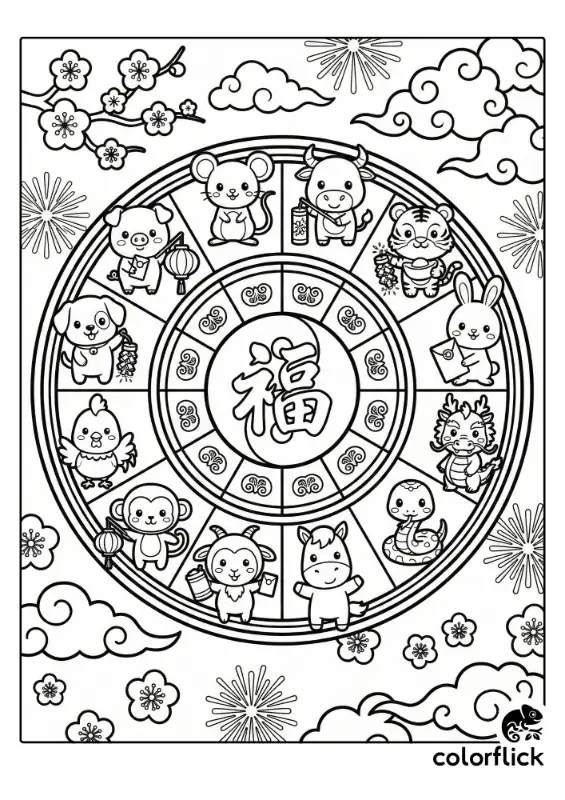 A circular chart featuring cute illustrations of the 12 Chinese zodiac animals arranged around a central Fu symbol, surrounded by clouds and blossoms.