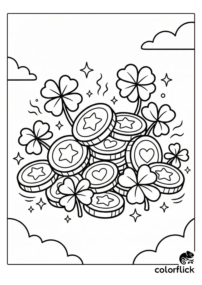 A printable coloring page featuring a pile of gold coins with heart and star designs, mixed with four-leaf clovers and surrounded by magical sparkles and steam lines.