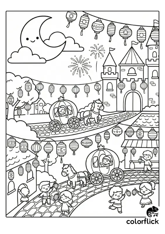 A lively black and white coloring page depicting a moonlit kingdom festival with decorated horse-drawn carriages, hundreds of hanging lanterns, fireworks, and cheerful townspeople celebrating near a castle.