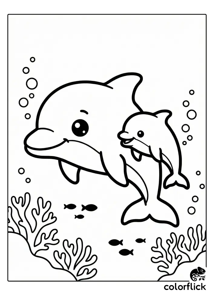 A smiling mother dolphin swims side-by-side with her cute baby dolphin in a coral reef setting with bubbles in this coloring page illustration.