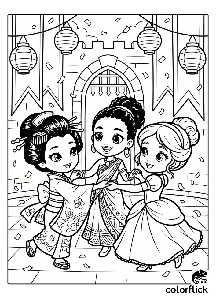 Three diverse chibi princesses in traditional gowns hold hands and dance joyfully in a castle courtyard decorated with lanterns and falling confetti during a festival.