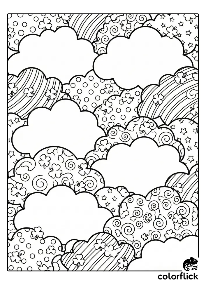 A printable coloring page with fluffy clouds filled with various patterns like dots, stripes, and swirls, where many small shamrocks are hidden for children to find and color.