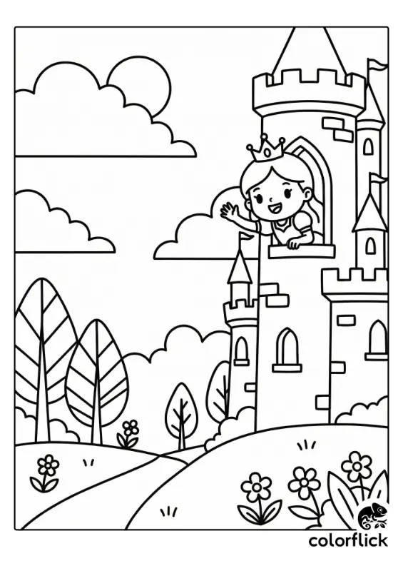 A black and white coloring page showing a cute chibi princess waving happily from a castle tower window, overlooking a hilly landscape with stylized trees and flowers under a cloudy sky.