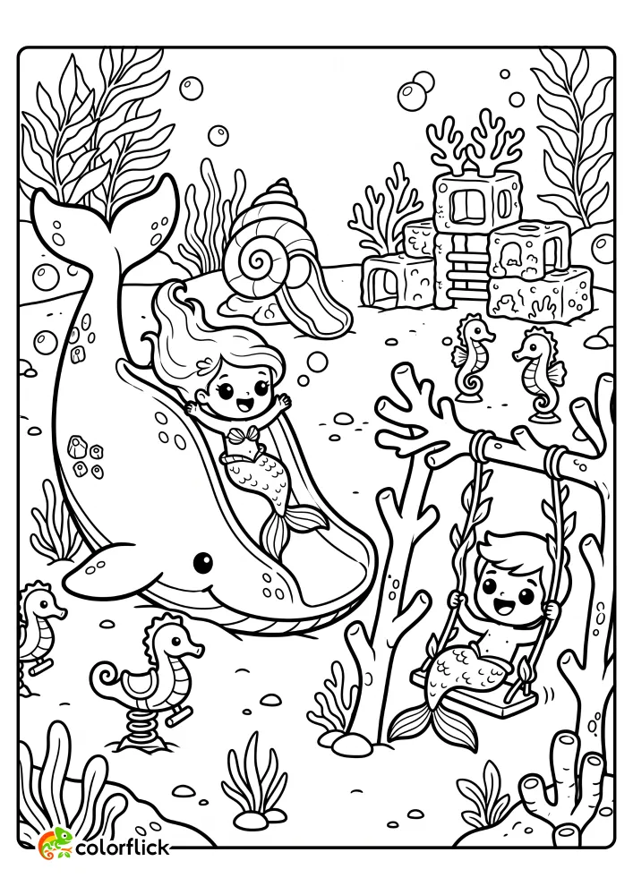 A cheerful mer-girl sliding down a friendly whale while a mer-boy plays on a kelp swing in this free printable coloring sheet of an underwater playground.