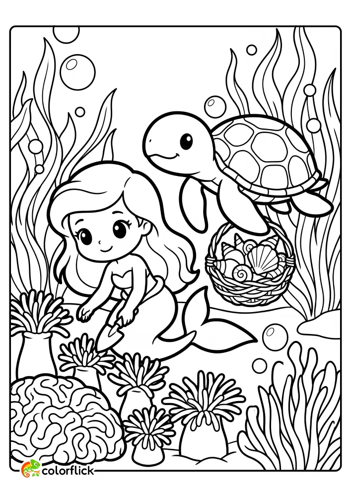 A beautiful mermaid tending to an underwater garden of sea anemones and brain coral while a sea turtle swims beside her with a woven basket of shells in this free printable coloring sheet.