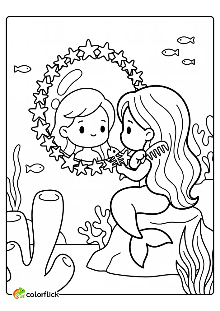 A printable coloring page for kids featuring a sweet mermaid sitting on a rock, brushing her hair with a fish bone comb while looking into a beautiful starfish-framed mirror.