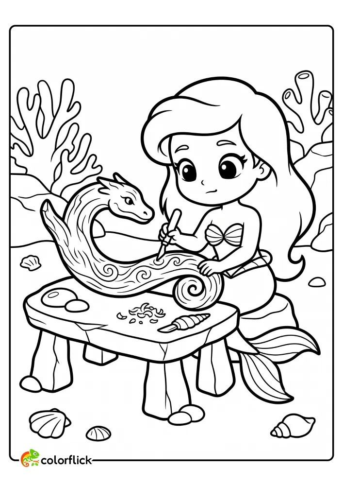 A creative mermaid artisan sitting at a stone workbench carving a sea serpent out of driftwood in this free printable coloring sheet.