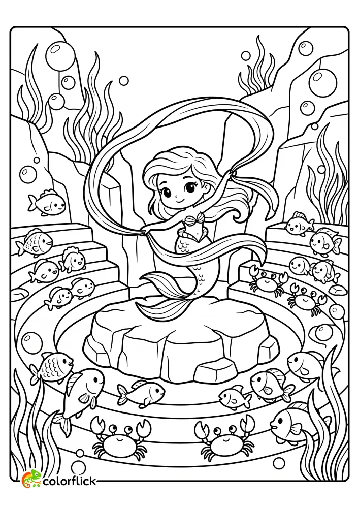 A beautiful mermaid twirling with long flowing ribbons while performing for an audience of fish and crabs in a stone amphitheater, featured in this free printable coloring sheet.